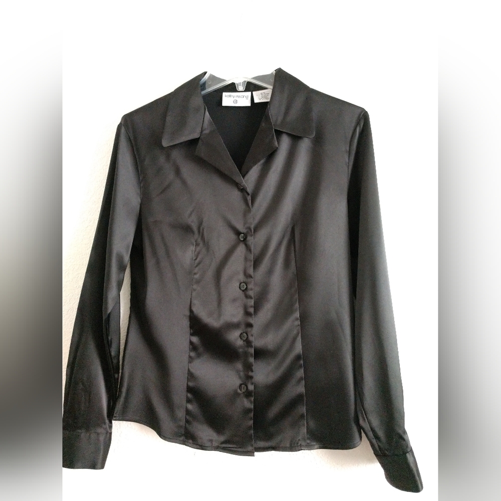Vintage Kathy Ireland Blouse Black with a Sheen Long Sleeve Size Small Chest 32"